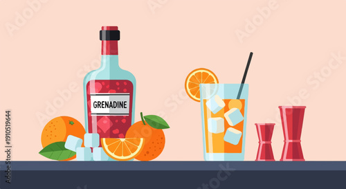 Flat illustration of grenadine bottle, oranges, iced drink, and jiggers