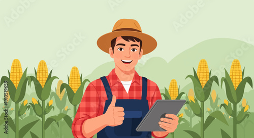 Farmer with tablet gives thumbs up in cornfield