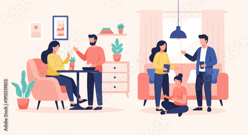 Diverse people interact in bright, stylized indoor settings