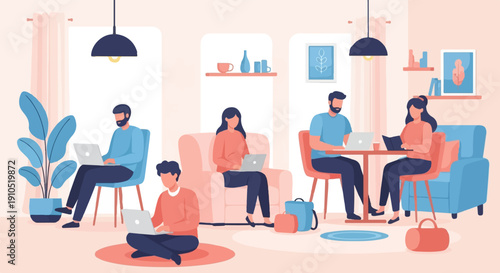 Diverse people working on laptops and reading indoors in a cozy setting