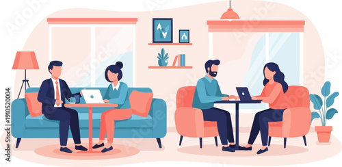 Diverse professionals collaborate and work remotely in a modern, comfortable interior setting