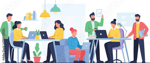 Diverse professionals collaborate in a modern office environment