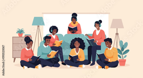 Diverse group of people enjoying reading indoors