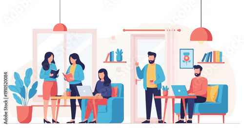 Diverse professionals collaborating and working together in a bright, modern office space