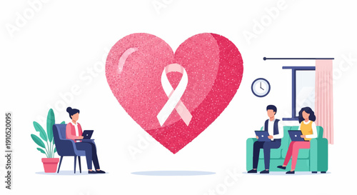 Digital illustration of people interacting with technology near a large pink ribbon heart