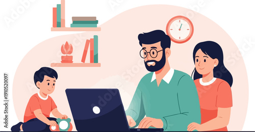 Family works together at home with child playing nearby