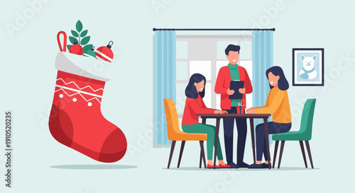 Flat illustration of people at a table with Christmas stocking and festive decor
