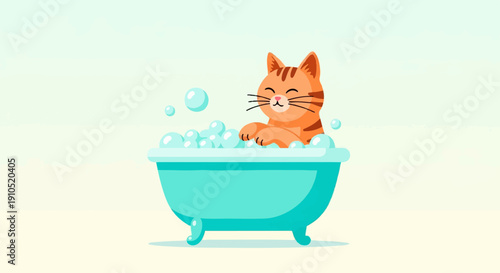 Cute orange cat with stripes enjoys a bubble bath in a turquoise tub