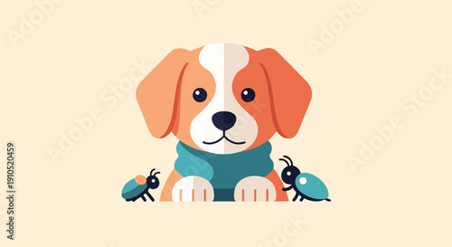 Cute puppy wearing a scarf with two bugs