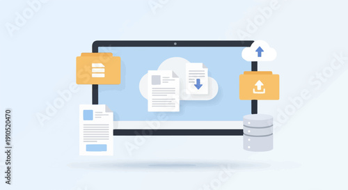 Digital data flow with cloud storage, folders, documents, and database