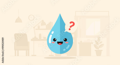 Cute water drop character with question mark in speech bubble