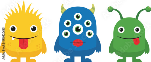 Cartoon monsters vector illustration with playful colorful characters, yellow spiky, blue six-eyed, green antenna creatures for children’s creative design