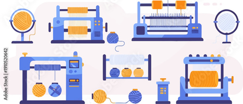 Flat design illustration of yarn-related textile machinery with colorful balls of yarn