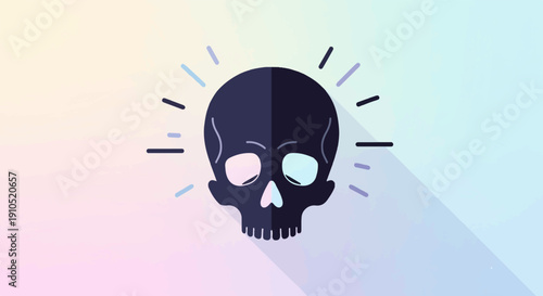 Dark skull with uneven eyes on a pastel gradient background with radiating lines