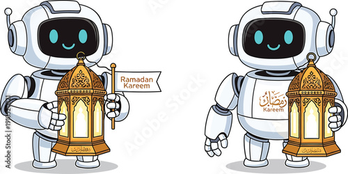 Two robotic astronauts in space suits holding tools and wrenches