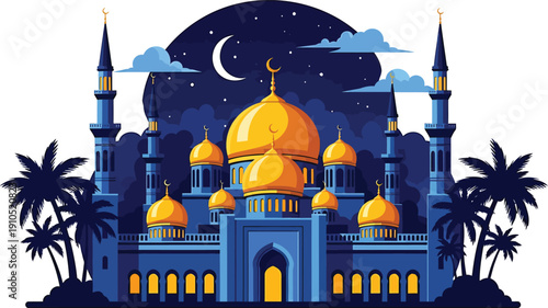 Moonlit architectural structure with intricate designs and vibrant colors against a starry night sky