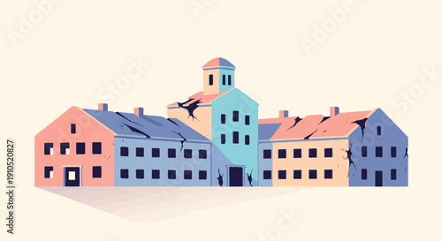 Dilapidated pastel-colored buildings with cracked walls and roofs