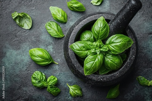 fresh vibrant basil leaves in a black stone mortar with pestle, scattered leaves on a dark textured surface evoking aromatic rustic freshness