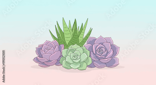 Delicate pastel illustration of assorted succulents and aloe vera
