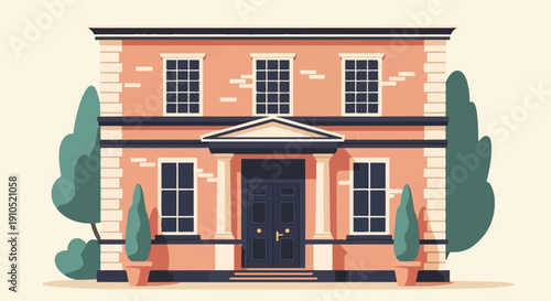 Elegant two-story house with grand entrance and manicured bushes