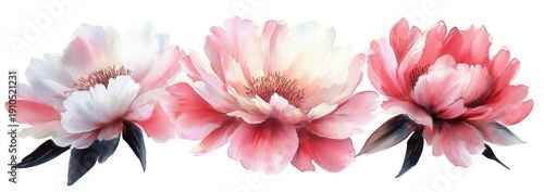 Three soft pink peony blossoms with delicate layered petals and dark leaves in a dreamy watercolor style on white background, evoking calm romantic serenity