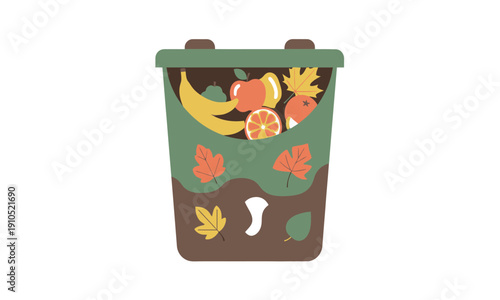 A flat vector illustration of a green and brown compost bin filled with organic waste. It shows layers of fruit scraps like bananas and apples, along with fallen autumn leaves, representing the proces