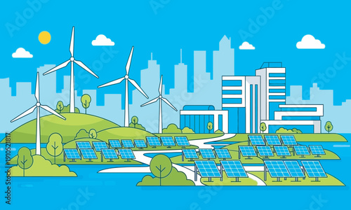 A bright and modern vector landscape showing a sustainable city powered by renewable energy. The scene features large wind turbines on green hills and rows of solar panels in the foreground