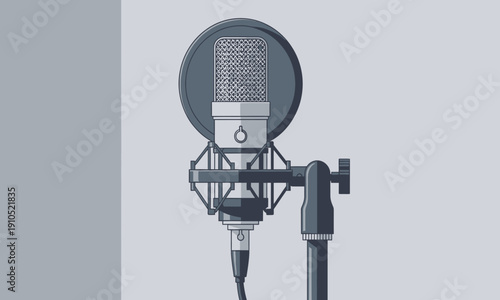 A sleek, high-quality condenser microphone mounted on a shock mount with a pop filter, set against a minimalist grey background, perfect for podcasting or studio recording.