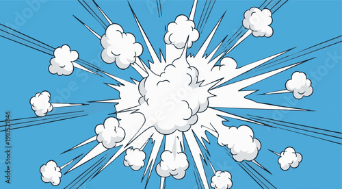 Explosion illustration with clouds and burst effects on a blue background from a comic book style