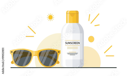 A vibrant summer-themed illustration featuring a bottle of sunscreen next to a pair of yellow-framed sunglasses, set against a sunny yellow background to emphasize sun protection and vacation.