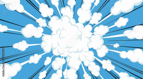 Explosion of white clouds against a blue sky, viewed from a central perspective, illustrating dynamic movement and vibrant weather