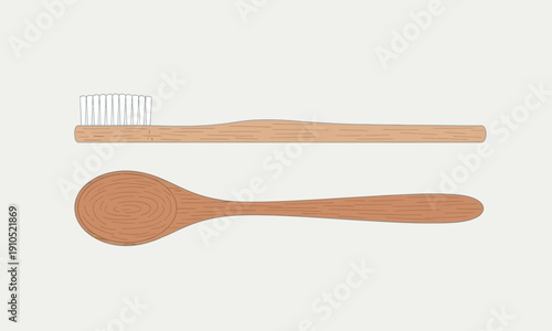 A minimalist illustration of two eco-friendly items: a light-colored bamboo toothbrush with white bristles and a polished wooden spoon with a visible grain, both laid horizontally against a plain crea