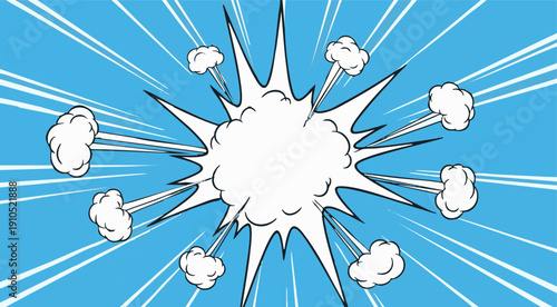 Explosion of energy radiates from a central point surrounded by clouds in a dynamic illustration