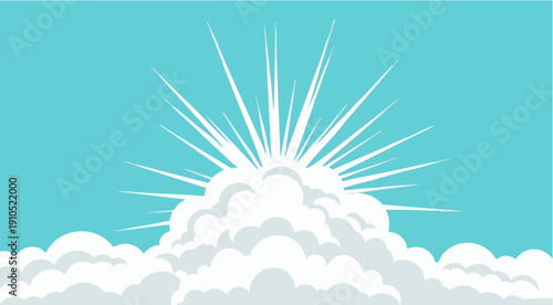 A radiant sunburst emerges from behind a cluster of white clouds against a bright blue sky, viewed from a low angle.
