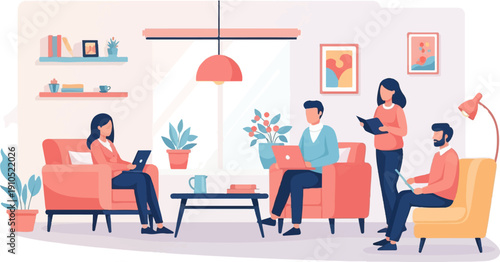 Flat illustration of people working and relaxing in a modern living room (1)