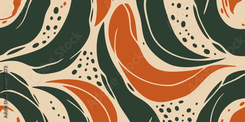 Vibrant abstract pattern featuring swirling shapes and organic forms in green and orange hues, creating a dynamic visual effect