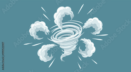 A white tornado illustration surrounded by clouds and motion lines on a blue background viewed from directly above