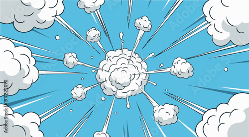 A cartoon explosion in the sky with clouds and debris surrounding the blast, viewed from a distance