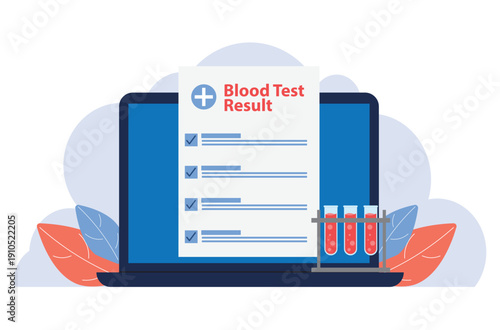 Blood test result. Checklist on laptop screen. Blood test with test tubes, good result.