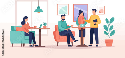 Diverse group of people interacting in a modern lounge or cafe setting