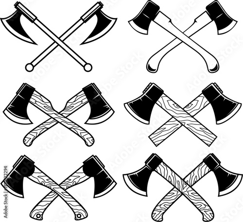 A black and white vector set of crossed axes. This high-contrast collection features various styles including hatchets, battle axes, and tomahawks.