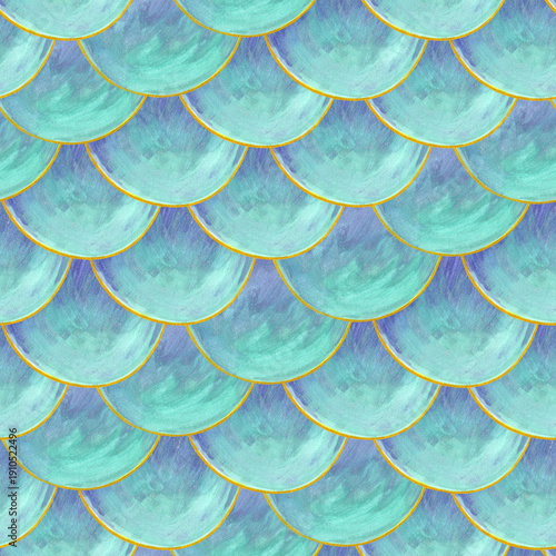 Seamless pattern with hand-painted mermaid scales, drawn with metallic acrylic paints.