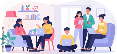 Diverse team collaborates and works remotely in a bright, modern office environment