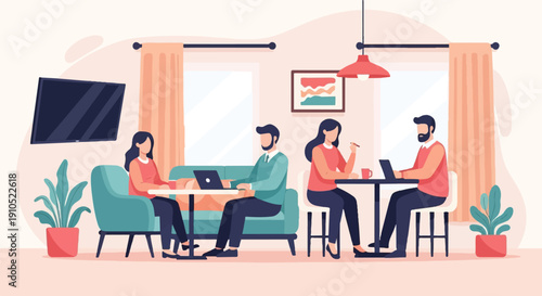 Flat illustration of people working and socializing in a modern living space