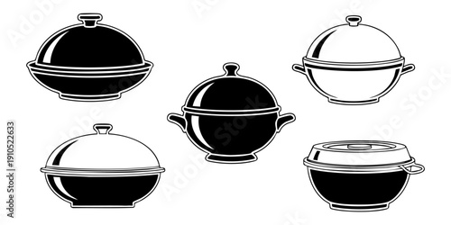 Assorted serving dishes with lids, varying in shape and size, displayed on a clean white background from a straightforward viewpoint.