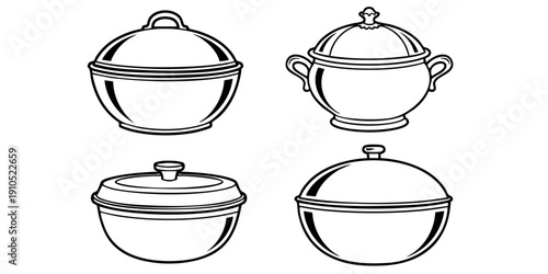 Set of four different serving dishes and bowls illustrated in simple line art on a plain white background from a front viewpoint