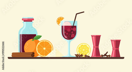 Festive mulled wine ingredients and drink set against a pale background
