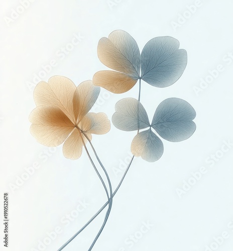 Translucent clover-like leaves in soft blue and warm beige with thin curving stems, delicate and serene