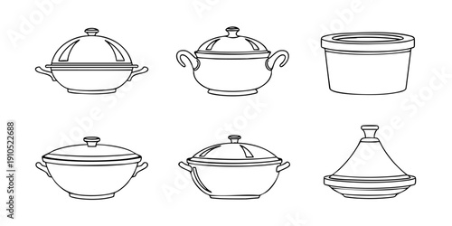 Collection of various kitchen cookware illustrations displayed from a front viewpoint