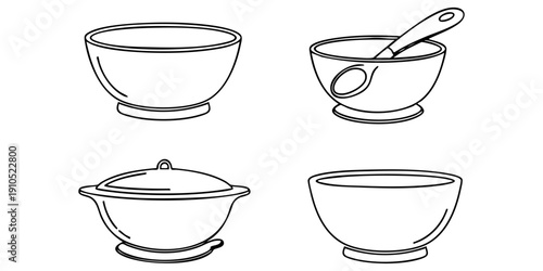 A set of four kitchen bowls, one with a spoon, one with a lid, on a clean white background from a straightforward viewpoint